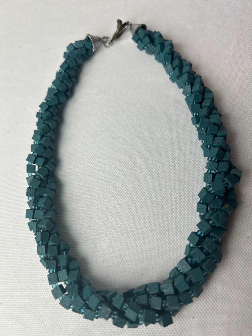 Kumihimo Teal Turquoise 4 Strand twistedNecklace Beaded Wood Cubes
